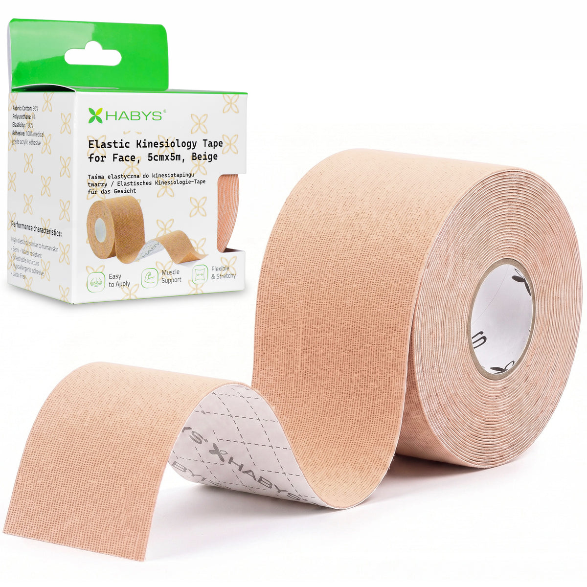 Face Elastic Kinesiology Tape, 5 cm × 5 m – Beige | HABYS