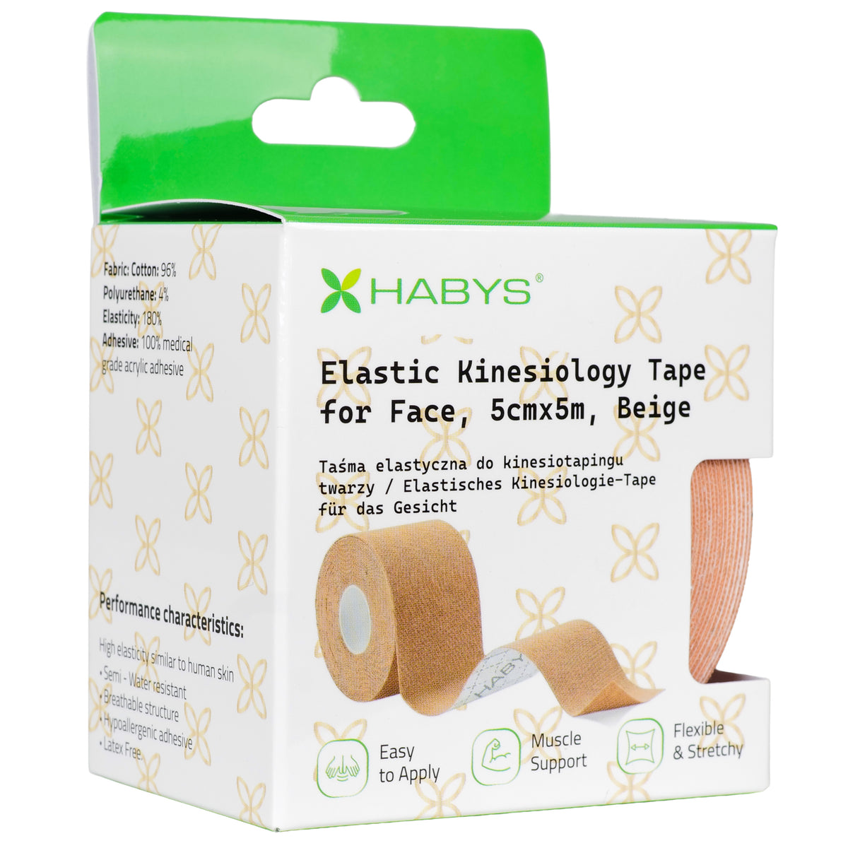 Face Elastic Kinesiology Tape, 5 cm × 5 m – Beige | HABYS