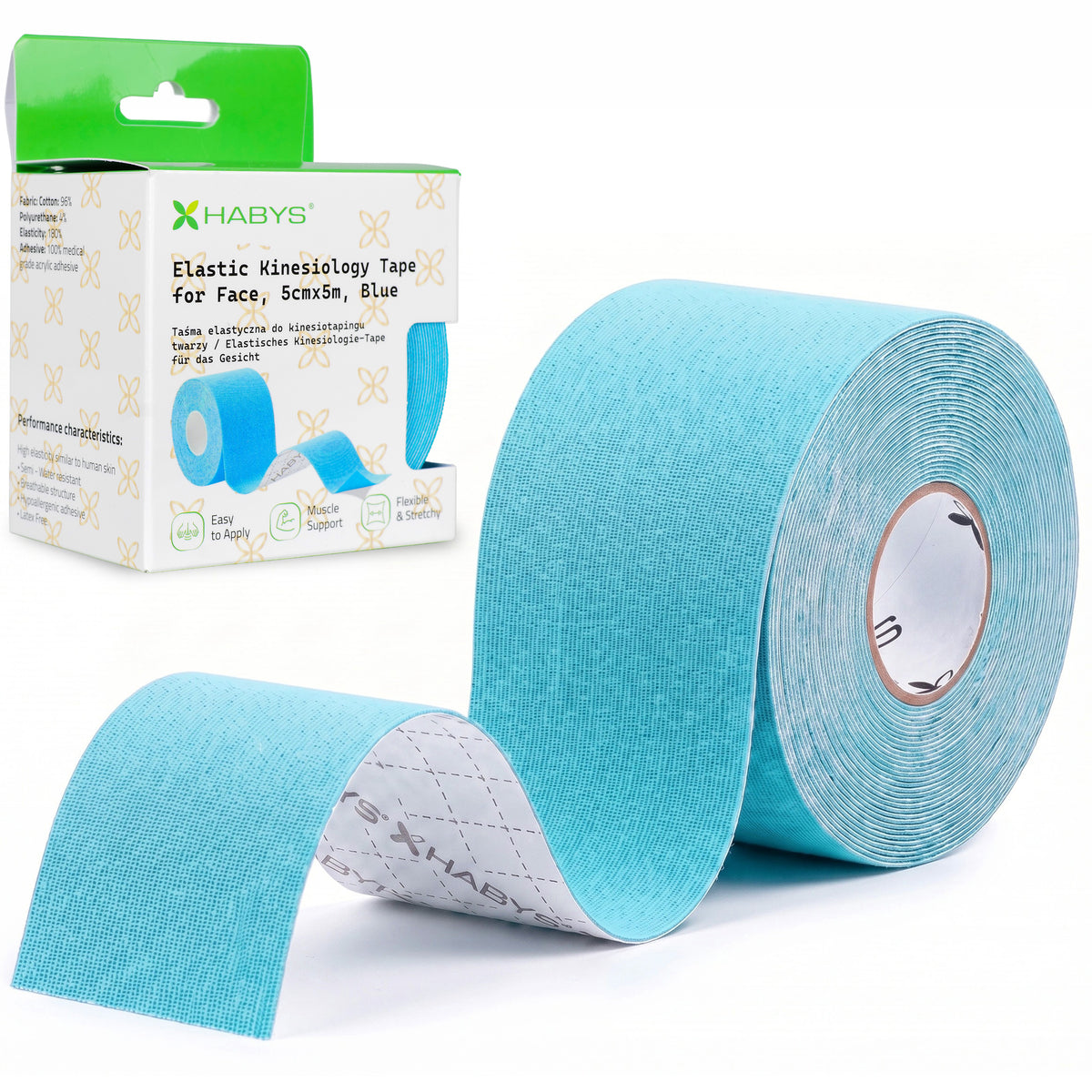 Face Elastic Kinesiology Tape, 5 cm × 5 m – Blue | HABYS