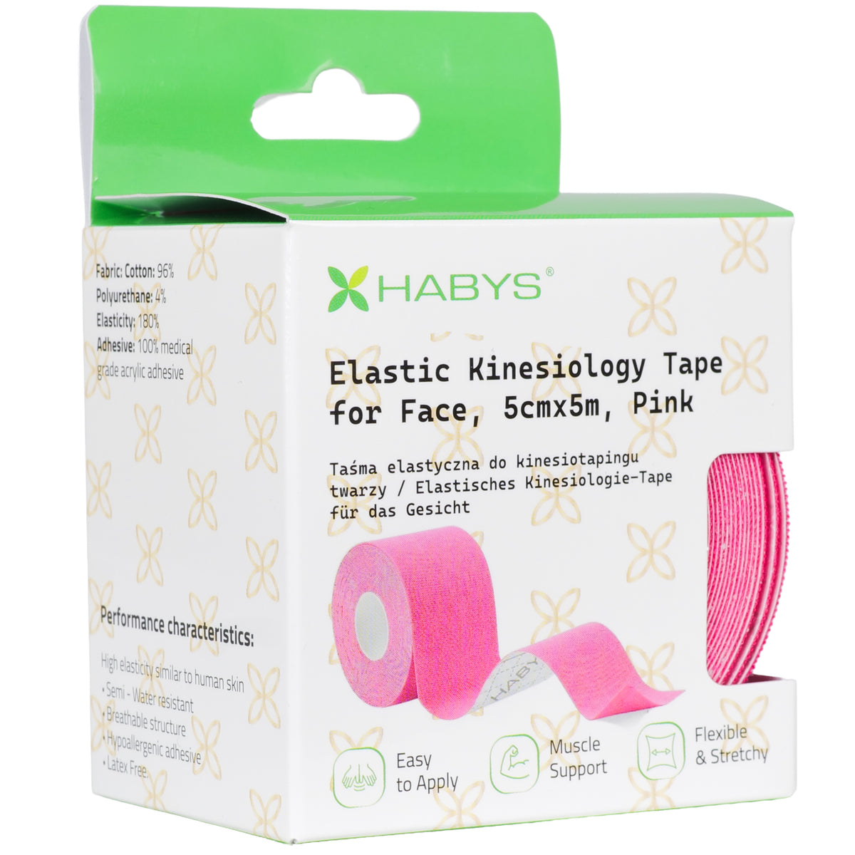 Face Elastic Kinesiology Tape for the Face, 5 cm × 5 m – Pink | HABYS