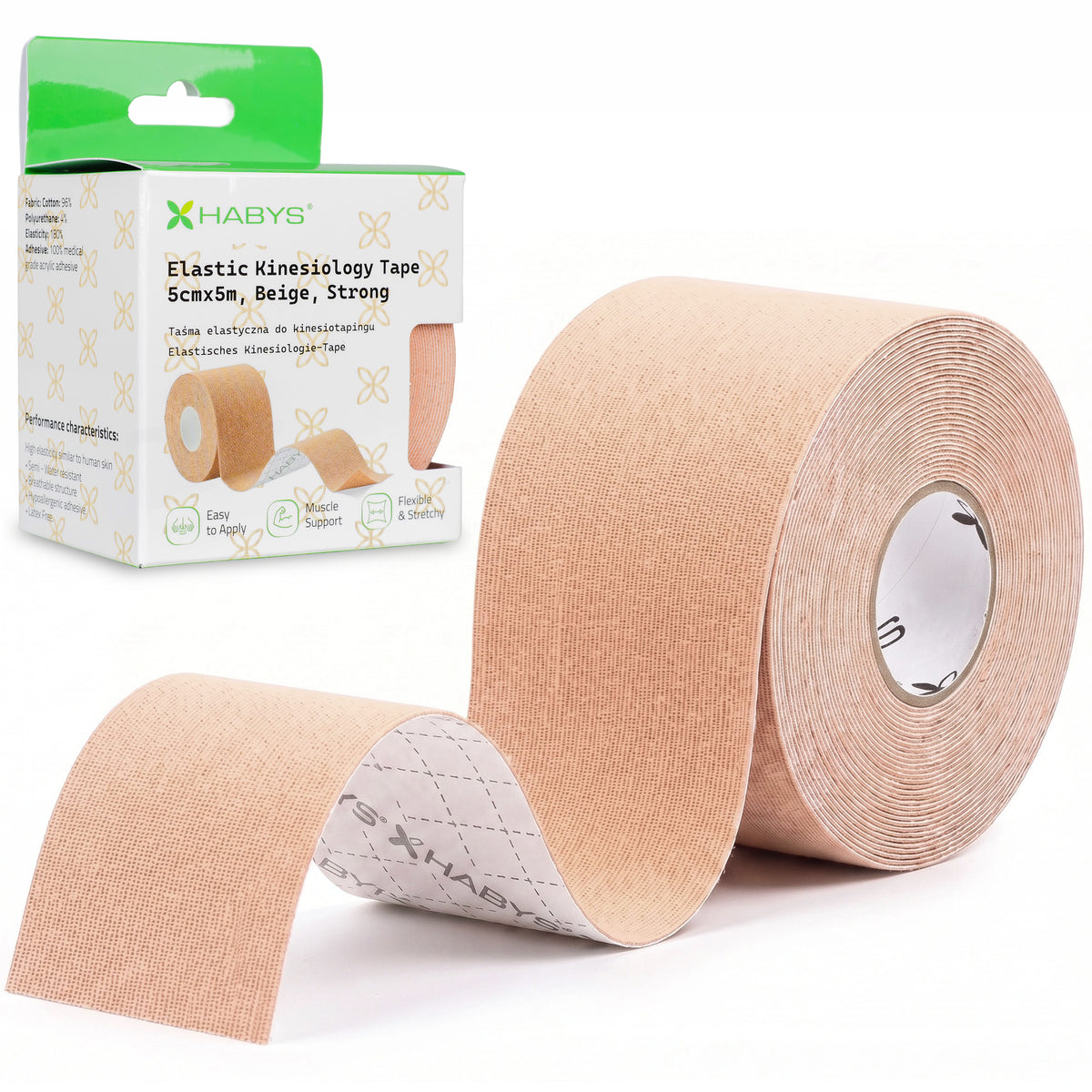 Strong Elastic Kinesiology Tape, 5 cm × 5 m – Beige | HABYS