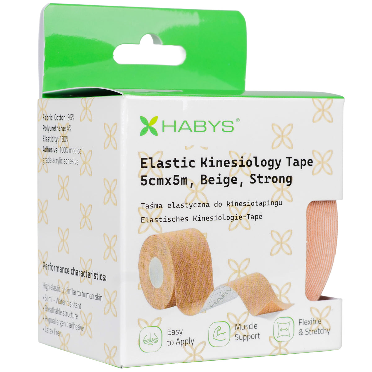 Strong Elastic Kinesiology Tape, 5 cm × 5 m – Beige | HABYS