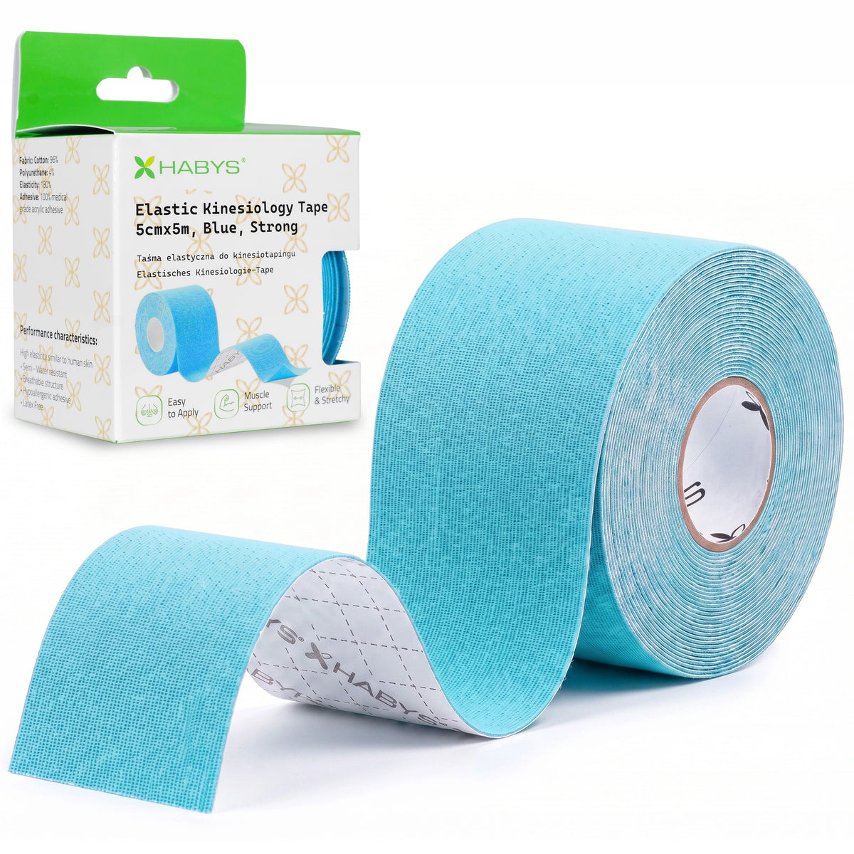 Strong Elastic Kinesiology Tape, 5 cm × 5 m – Blue | HABYS