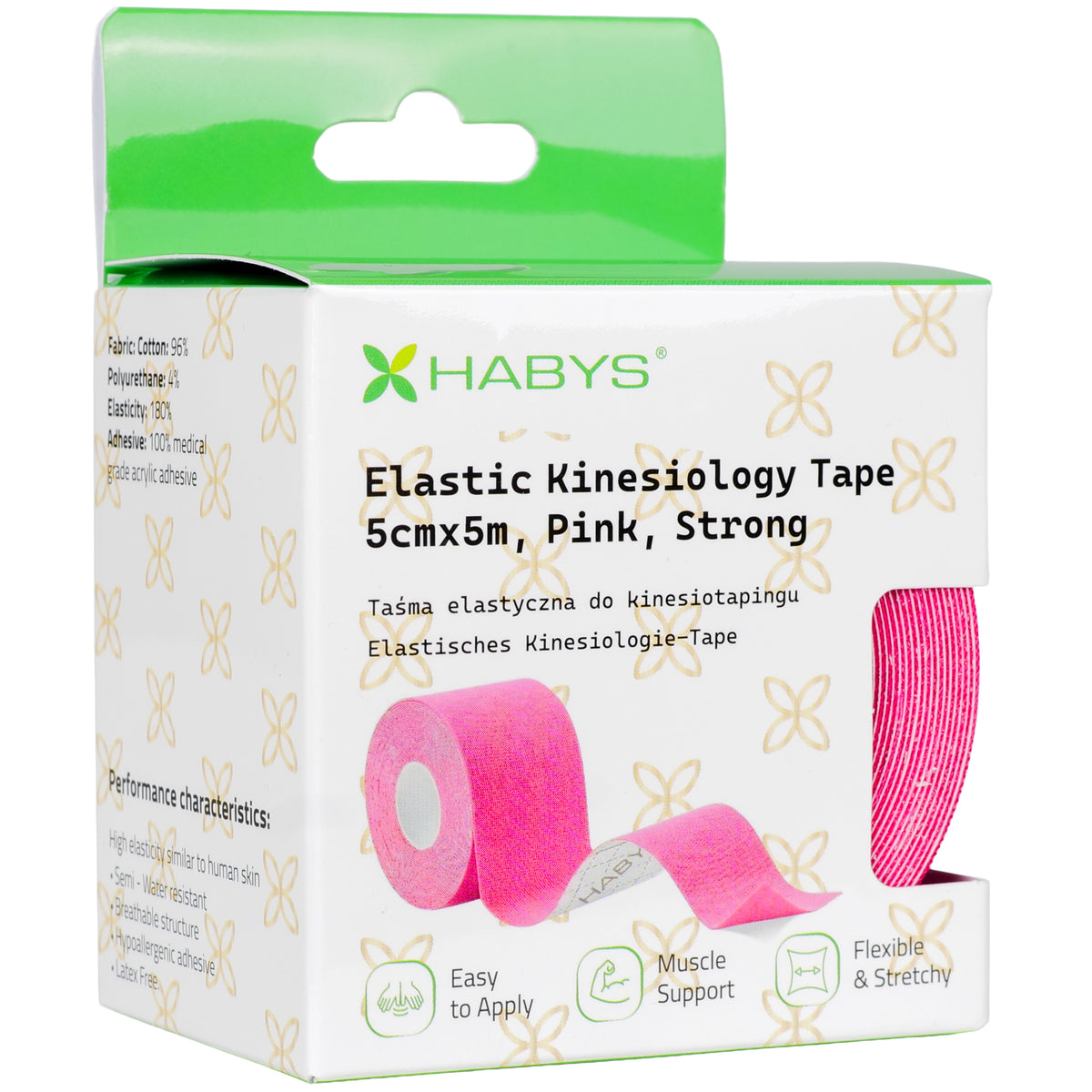 Strong Elastic Kinesiology Tape, 5 cm × 5 m – Pink | HABYS