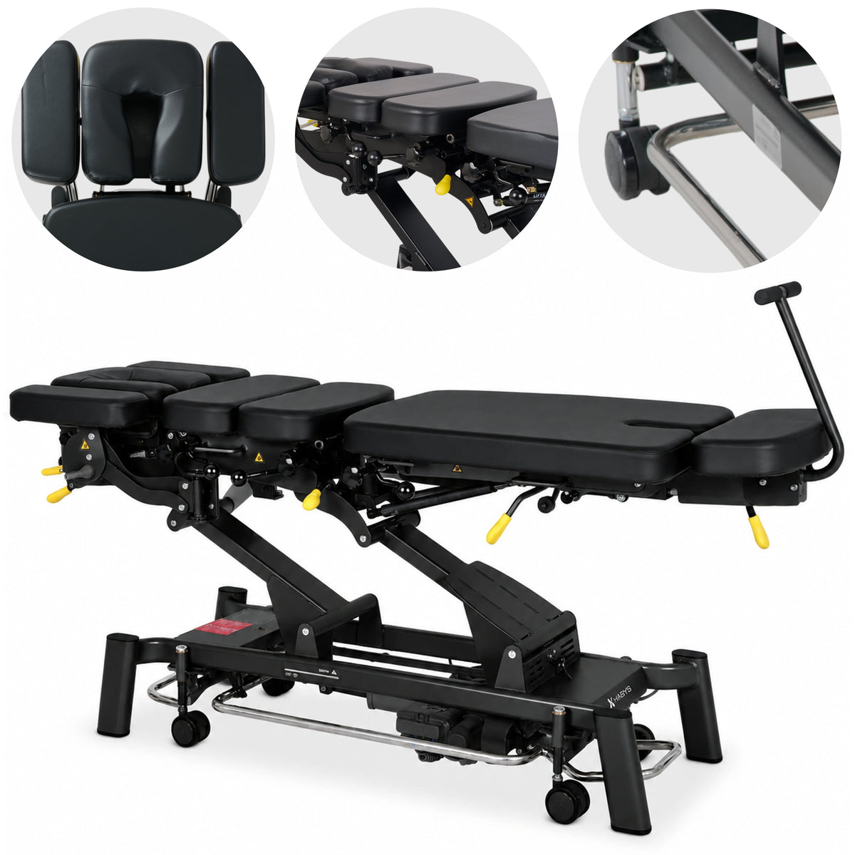 Upright Chiro Z7 therapy table, electric height adjustment with foot control bar, Touch Core k315 black