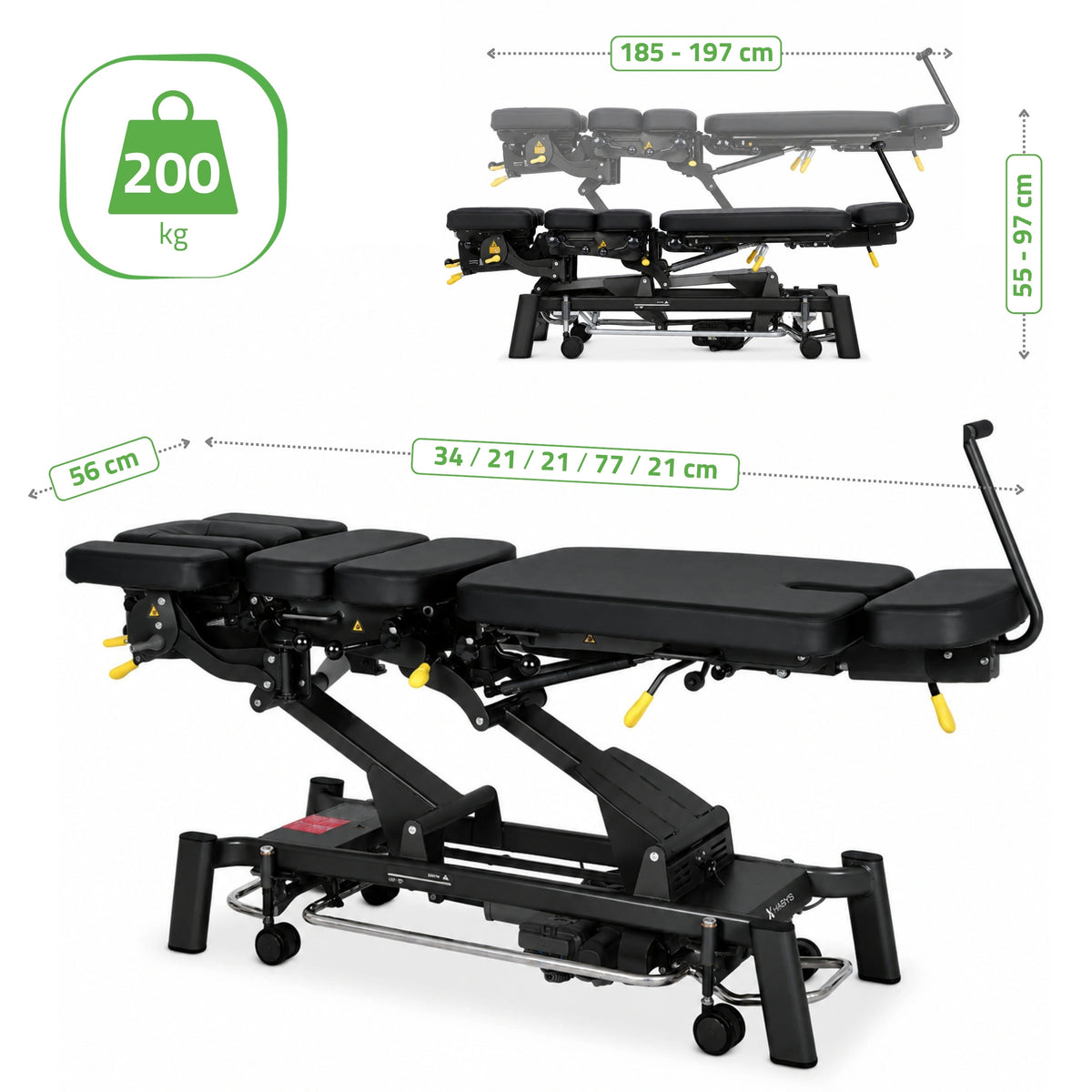 Upright Chiro Z7 therapy table, electric height adjustment with foot control bar, Touch Core k315 black