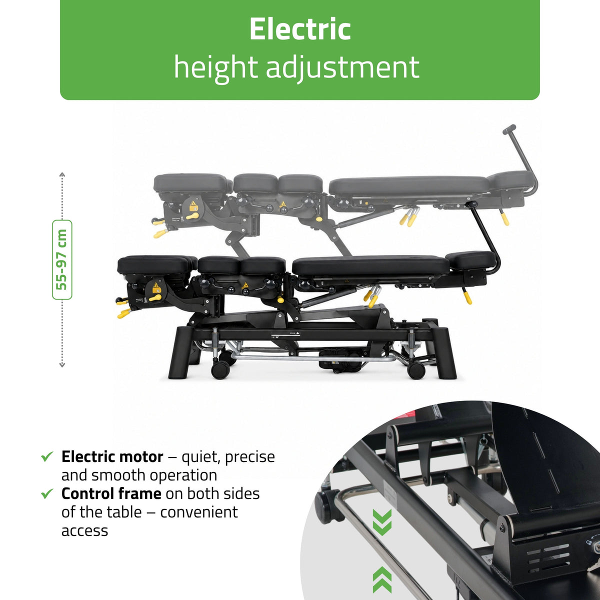 Upright Chiro Z7 therapy table, electric height adjustment with foot control bar, Touch Core k315 black