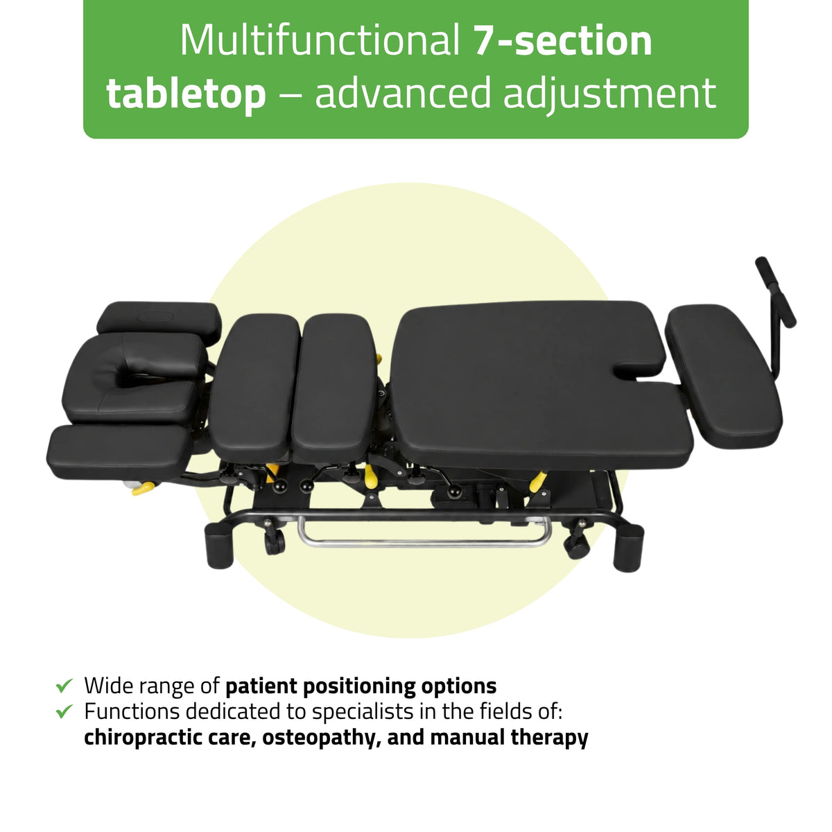 Upright Chiro Z7 therapy table, electric height adjustment with foot control bar, Touch Core k315 black