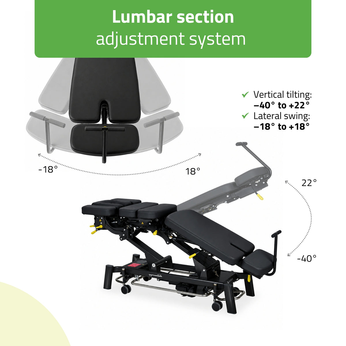 Upright Chiro Z7 therapy table, electric height adjustment with foot control bar, Touch Core k315 black