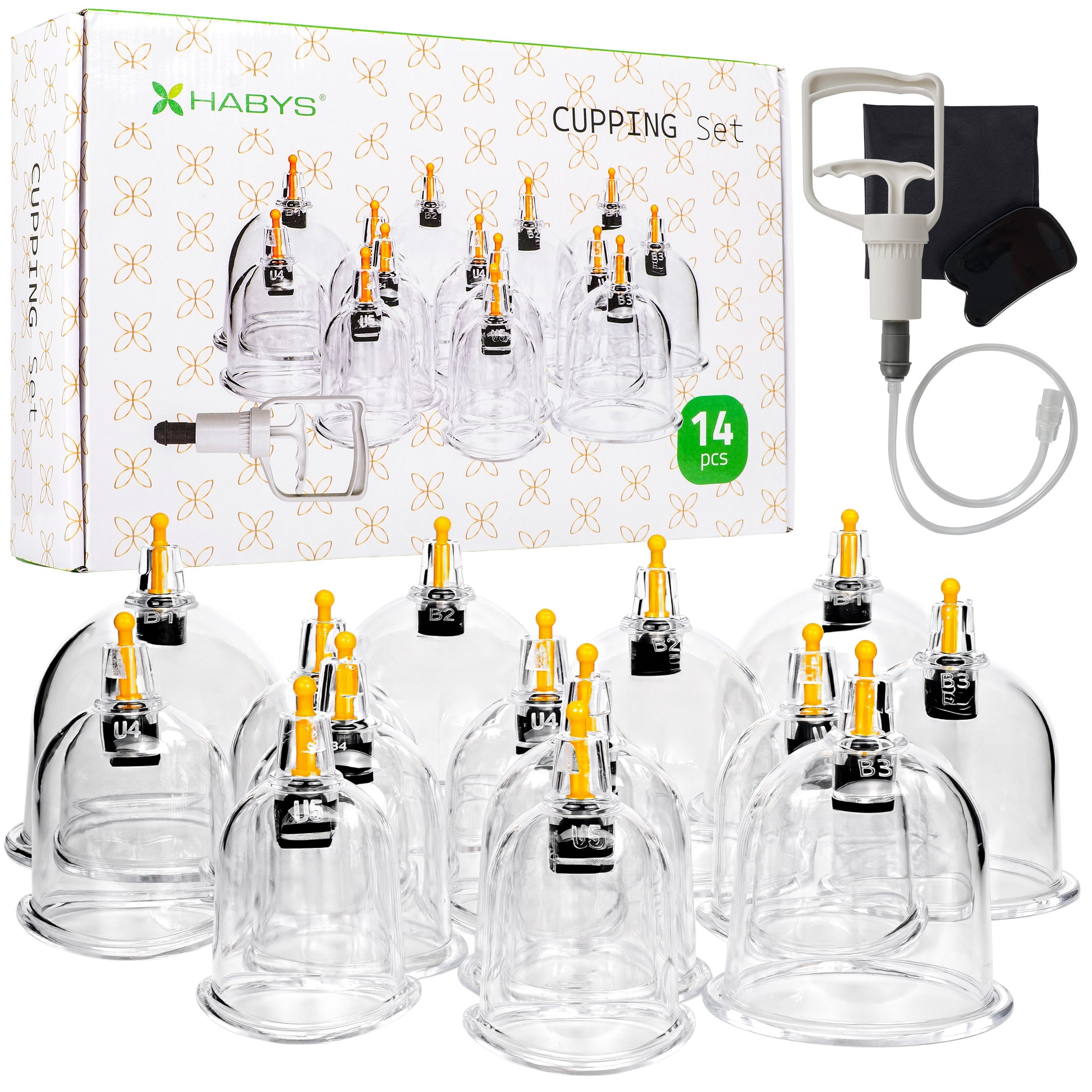 Vacuum cupping cups, fireless, with pump, set of 14 pcs. 