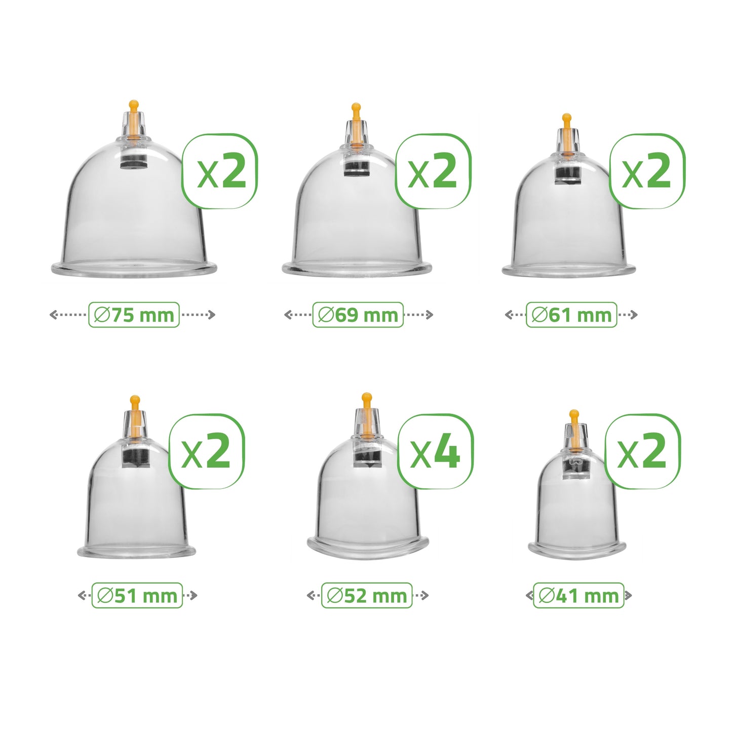 Vacuum cupping cups, fireless, with pump, set of 14 pcs. 