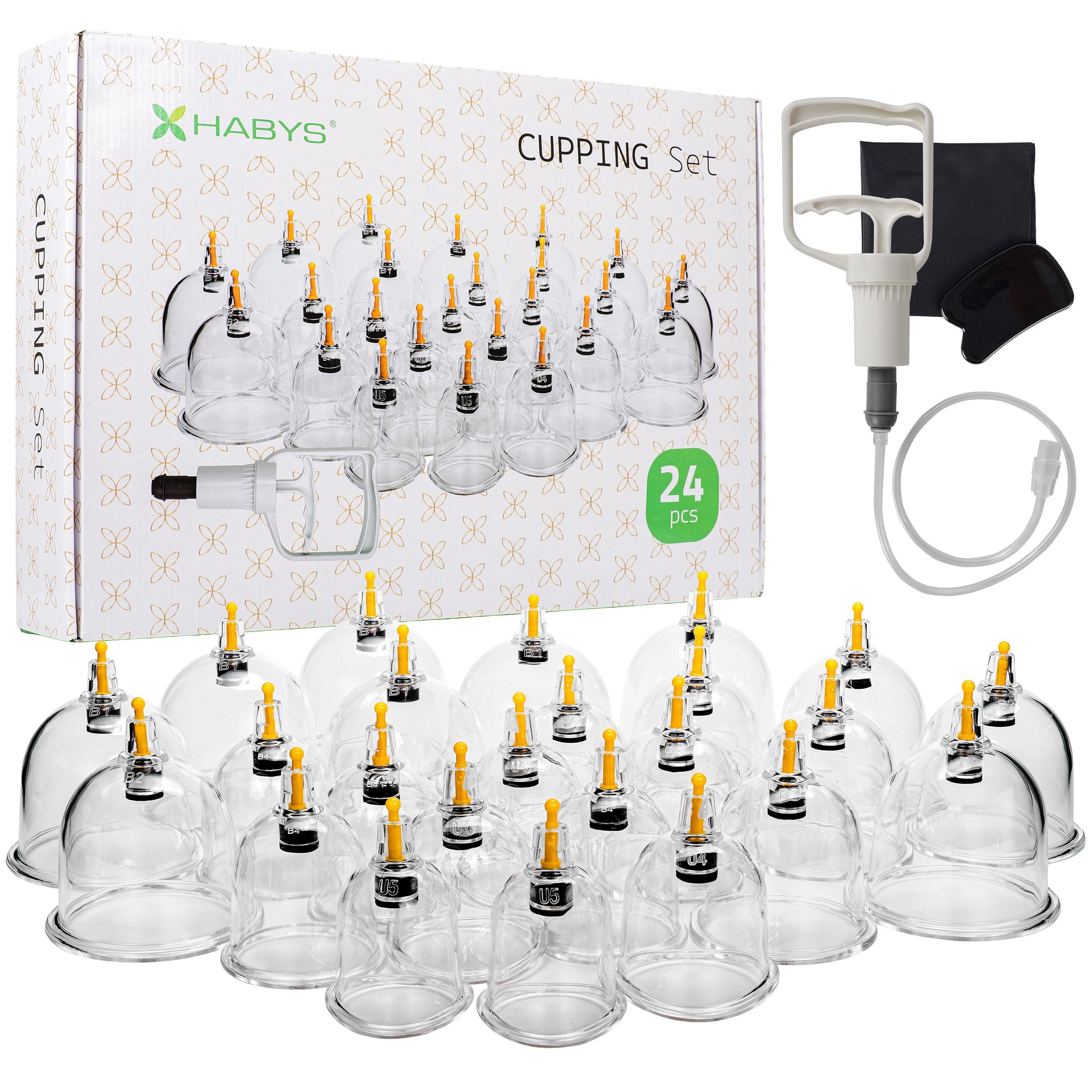 Vacuum cupping cups, fireless, with pump, set of 24 pcs.