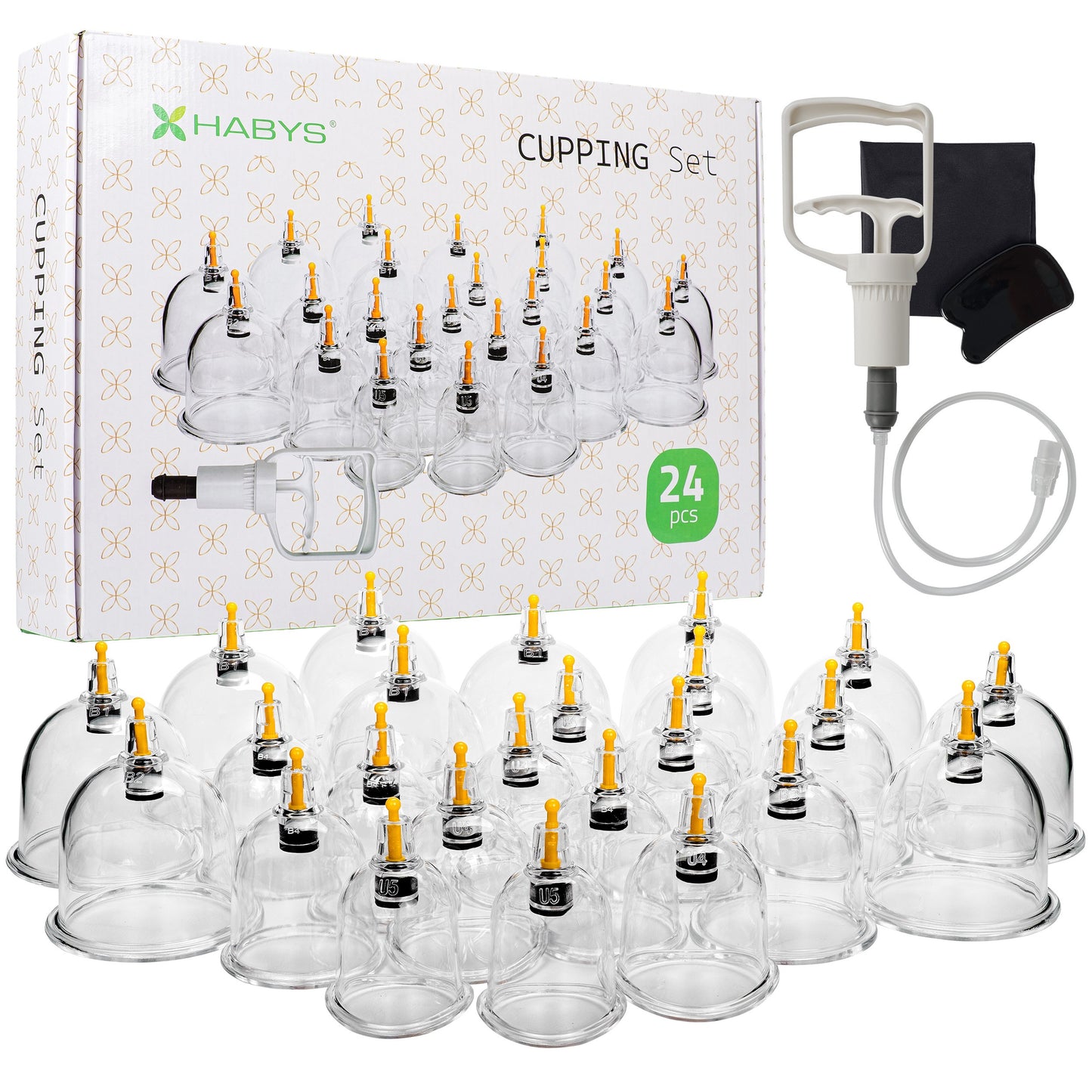 Vacuum cupping cups, fireless, with pump, set of 24 pcs.