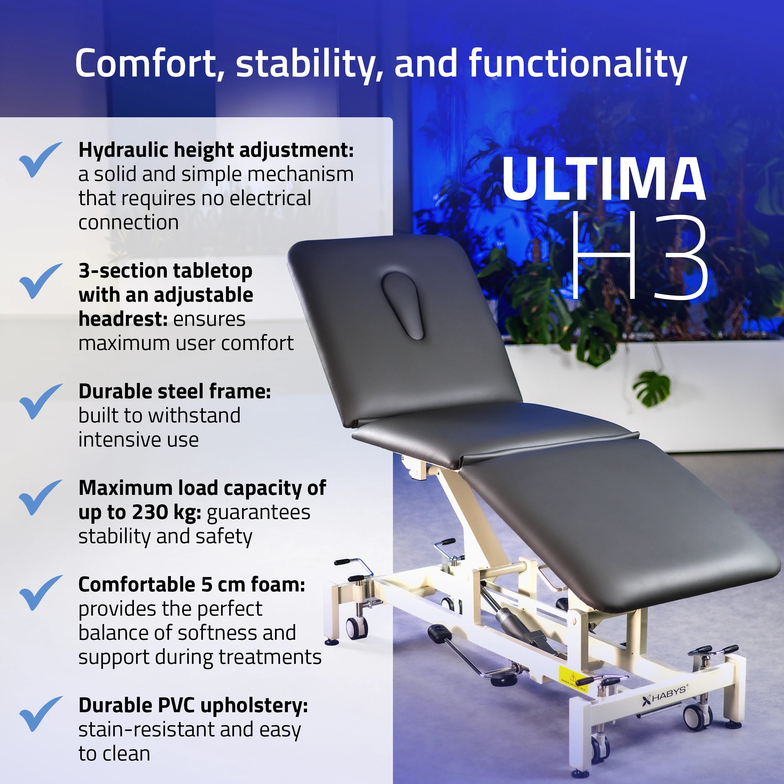 Ultima H3 Elektrische Therapieliege, hydraulische Verstellung, Rollen, PVC grau