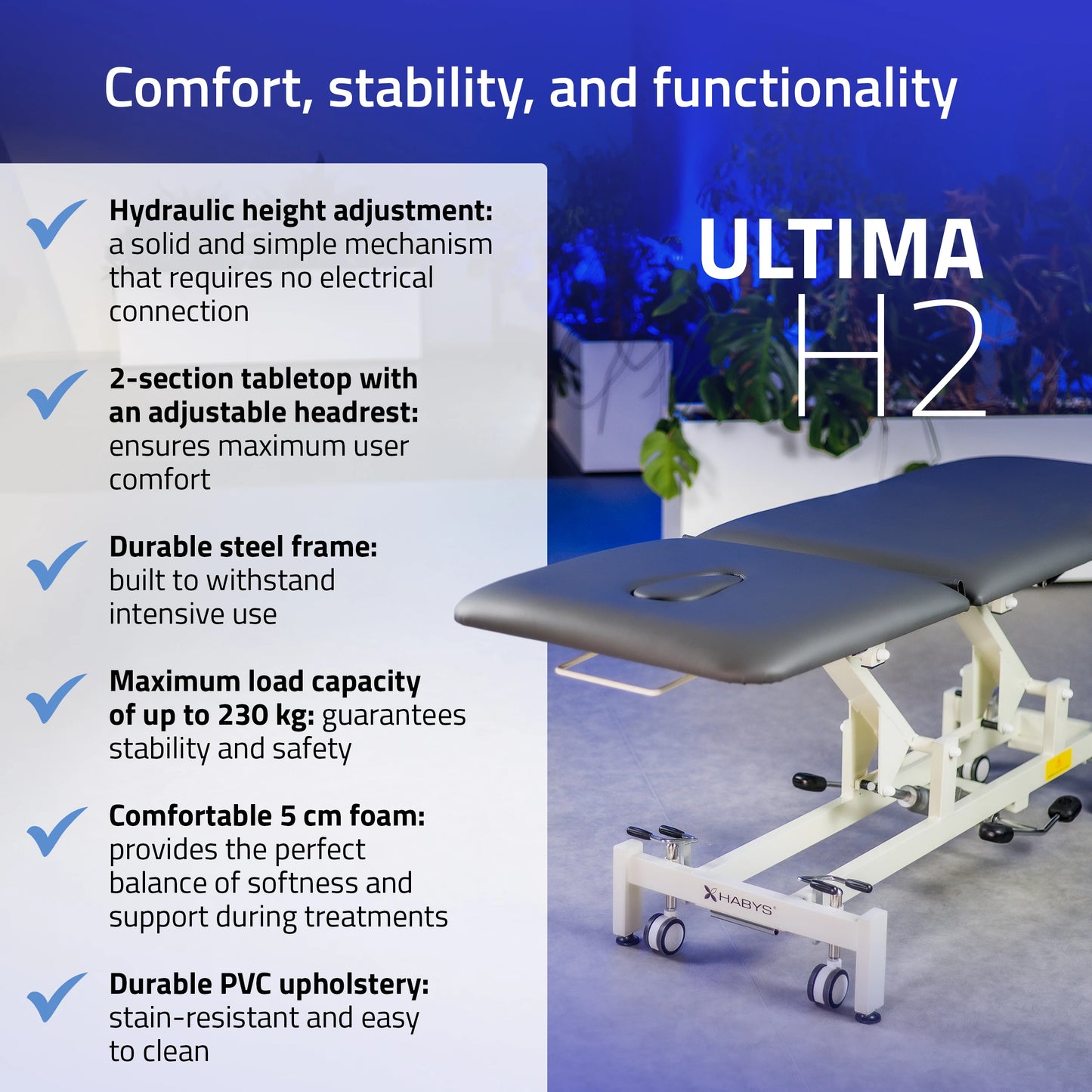 Ultima H2 therapy table, hydraulique adjustment, wheels, PVC gris