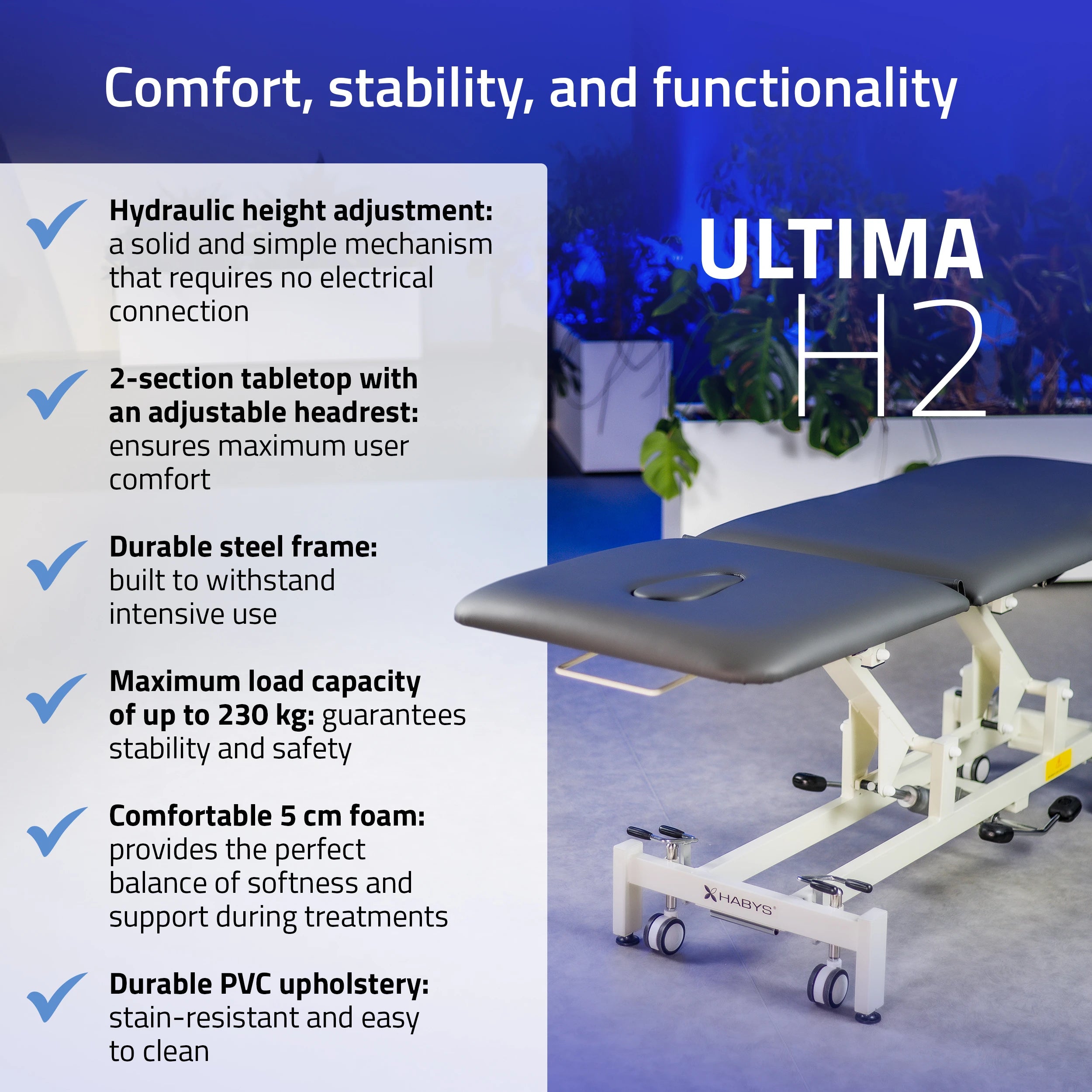 Ultima H2 therapy table, hydraulique adjustment, wheels, PVC gris