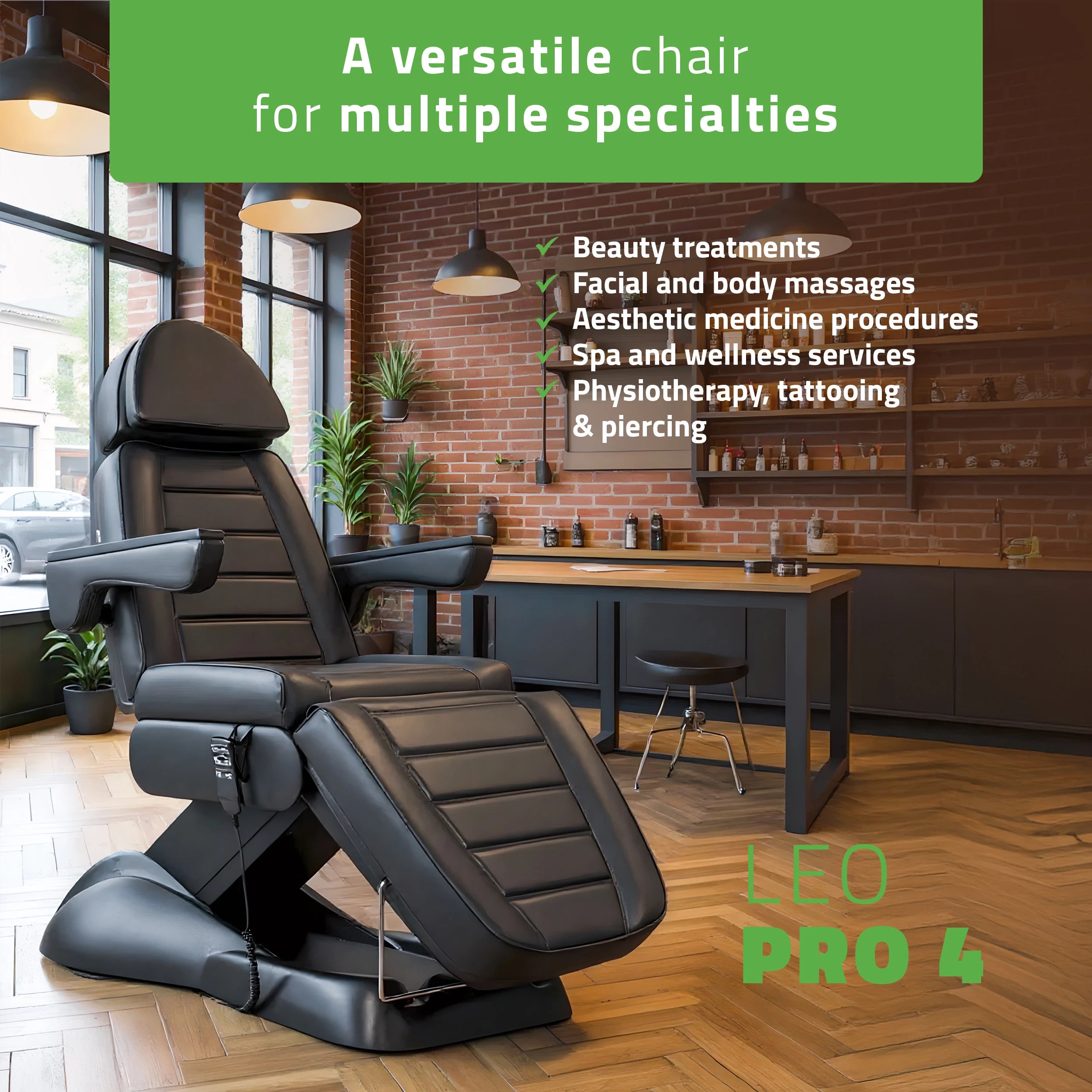 Elektriskā kosmetoloģijas krēsls - kušete Leo PRO 4 Comfy Base k515, melna