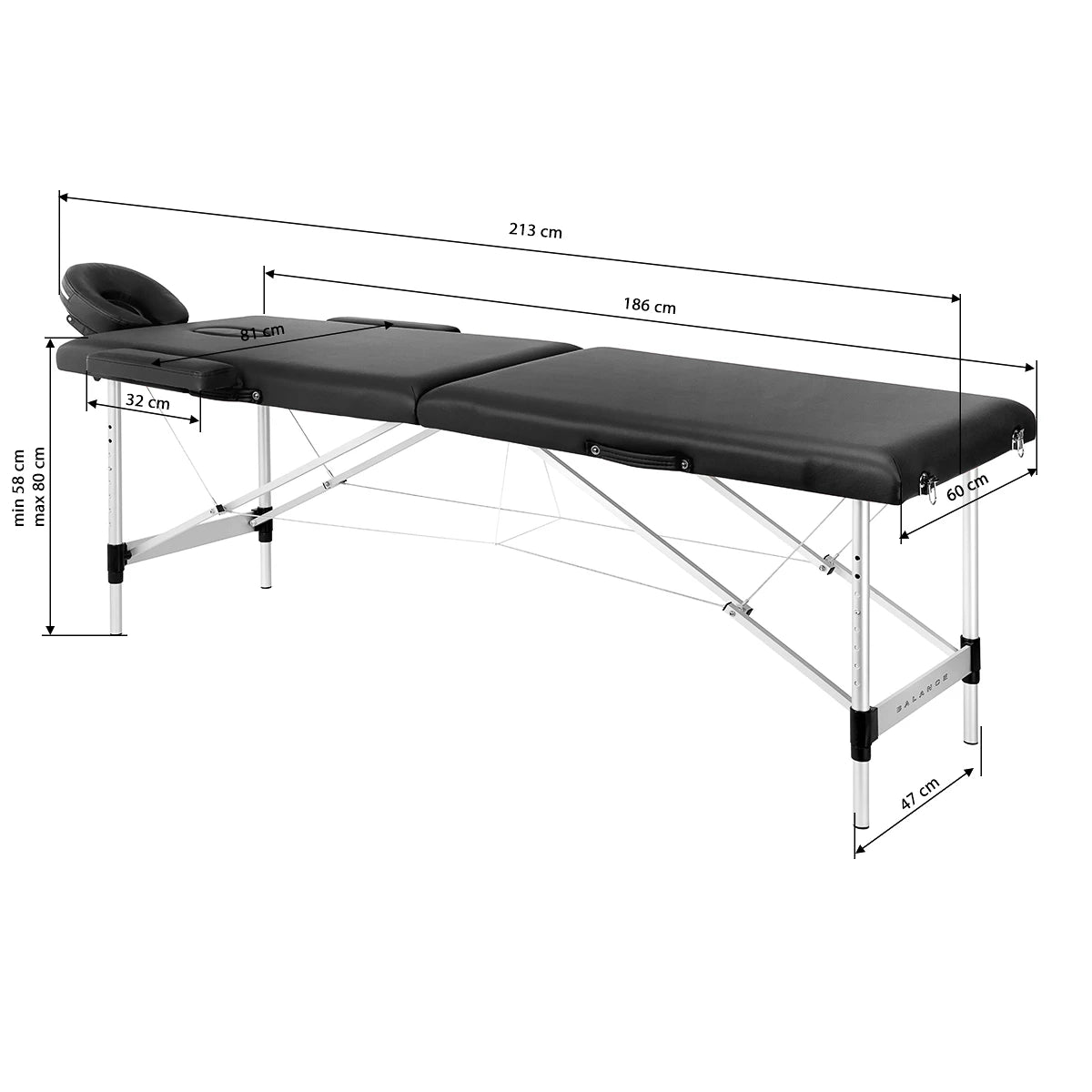 BALANCE aluminium pliant table de massage 2 segment noir