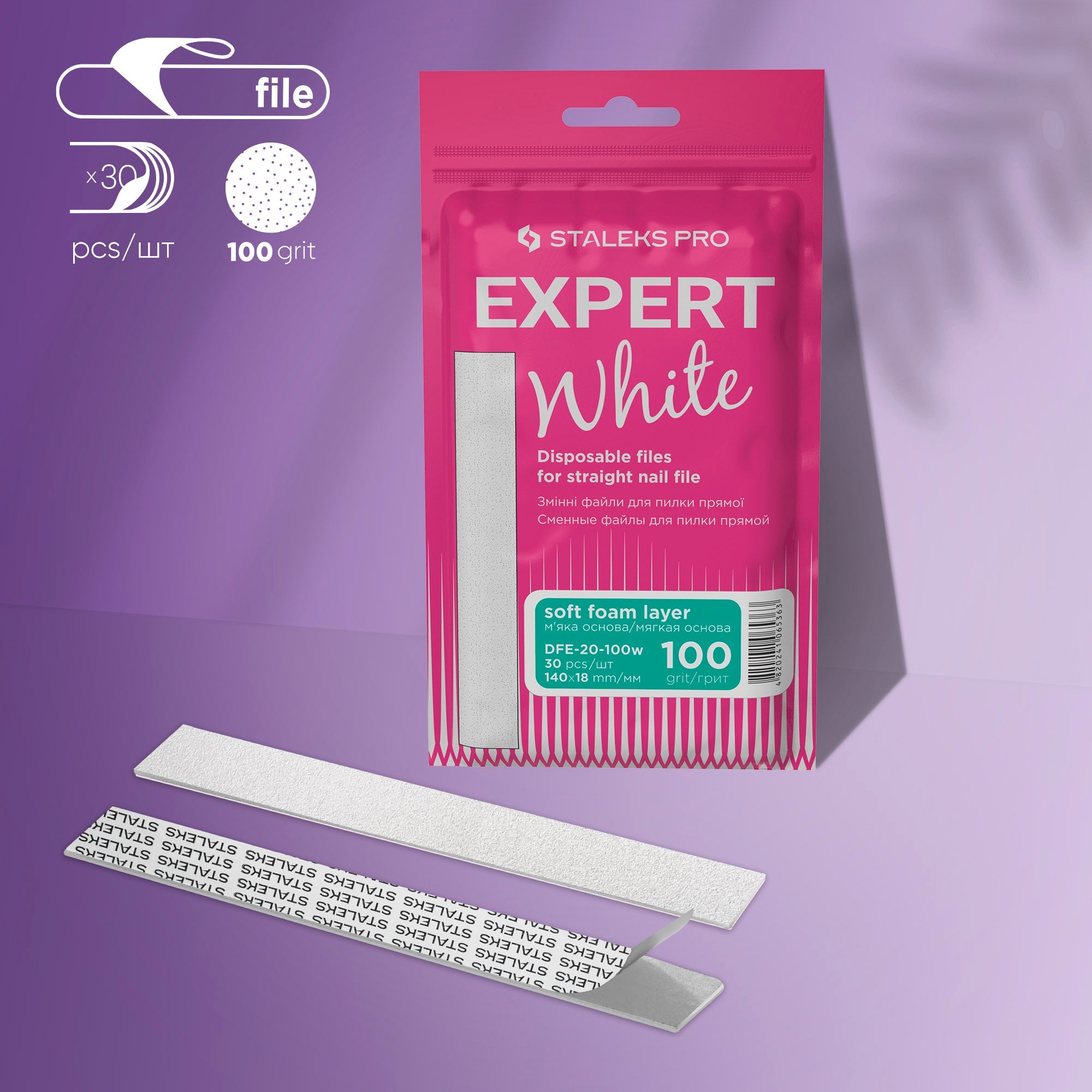 STALEKS EXPERT 20 Adhesive nail files for straight base on a soft foam layer, 100 grit (30 pcs) - 100